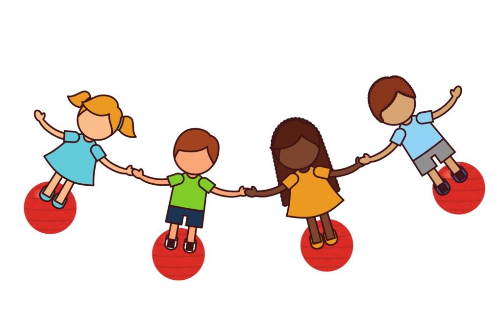 Grup d'infants de la classe practicant equilibres amb el Joc d'Equilibri amb Pilotes