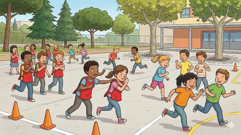 Il·lustració d'un grup d'alumnes de Primària jugant al joc de persecució «L'elefant refredat» al pati d'una escola. Diversos nens, identificats amb pitralls vermells, corren adoptant la postura obligatòria de braços plegats i la mà al nas, tot intentant atrapar la resta de companys que fugen per la pista poliesportiva.