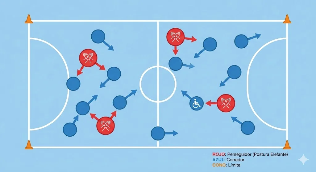 Esquema tàctic en vista aèria del joc inclusiu L'elefant refredat. Mostra jugadors empaitadors (cercles vermells) intentant tocar corredors lliures (cercles blaus) en una pista esportiva, tot destacant la participació activa d'un alumne en cadira de rodes.