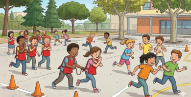 Il·lustració que mostra una partida inclusiva del joc «L'elefant refredat» en un pati escolar. A més del grup general, hi destaca una parella d'alumnes empaitadors (amb pitralls vermells i postura d'elefant) que utilitza una corda curta d'acompanyament o sistema de guiatge per córrer i participar conjuntament en la persecució.