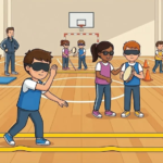 Alumnes de cicle mitjà practicant el joc sensorial inclusiu del «pigall invers», desenvolupant l'orientació espacial i la confiança per mitjà del guiatge sonor