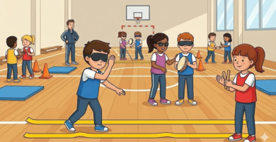 Alumnes de cicle mitjà practicant el joc sensorial inclusiu del «pigall invers», desenvolupant l'orientació espacial i la confiança per mitjà del guiatge sonor