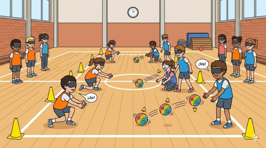 Il·lustració d'estil de línia clara d'infants de primària jugant a «El missatger» en un gimnàs. Porten antifaços i fan servir pilotes sonores. S'hi veuen parelles en posició de recepció i llançament amb pitets taronges i blaus. Inclou bafarades de text en català amb les expressions «Jo!» i «Va!».
