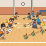Il·lustració d'estil de línia clara d'infants de primària jugant a «El missatger» en un gimnàs. Porten antifaços i fan servir pilotes sonores. S'hi veuen parelles en posició de recepció i llançament amb pitets taronges i blaus. Inclou bafarades de text en català amb les expressions «Jo!» i «Va!».