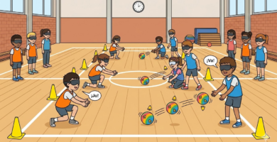 Il·lustració d'estil de línia clara d'infants de primària jugant a «El missatger» en un gimnàs. Porten antifaços i fan servir pilotes sonores. S'hi veuen parelles en posició de recepció i llançament amb pitets taronges i blaus. Inclou bafarades de text en català amb les expressions «Jo!» i «Va!».