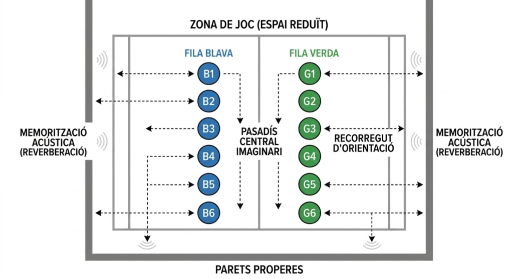 Croquis tàctic de joc motor inclusiu en Educació Física. Mostra la zona de joc amb dues files d'alumnat (blava i verda), el passadís central, el recorregut d'orientació i els punts de memorització acústica mitjançant la reverberació.