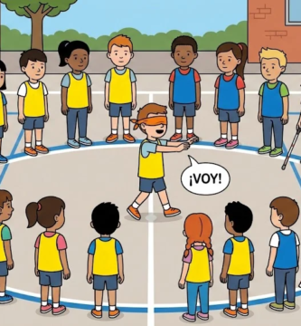 Il·lustració d'infants de primària en un pati escolar de Catalunya participant en el joc inclusiu d'educació física «Ubicació en cercle». Un alumne al centre amb un antifaç taronja i els braços estesos crida «VAIG!» mentre segueix el so («CRAC CRAC») produït per una pilota a dins d'una bossa de plàstic que sacseja una companya. Al perímetre hi ha una alumna amb discapacitat visual amb ulleres de sol i bastó. Estil flat design amb línies clares.