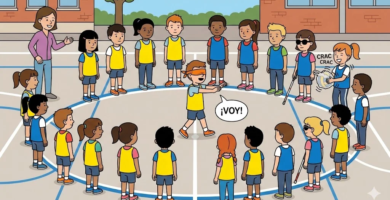 Il·lustració d'infants de primària en un pati escolar de Catalunya participant en el joc inclusiu d'educació física «Ubicació en cercle». Un alumne al centre amb un antifaç taronja i els braços estesos crida «VAIG!» mentre segueix el so («CRAC CRAC») produït per una pilota a dins d'una bossa de plàstic que sacseja una companya. Al perímetre hi ha una alumna amb discapacitat visual amb ulleres de sol i bastó. Estil flat design amb línies clares.