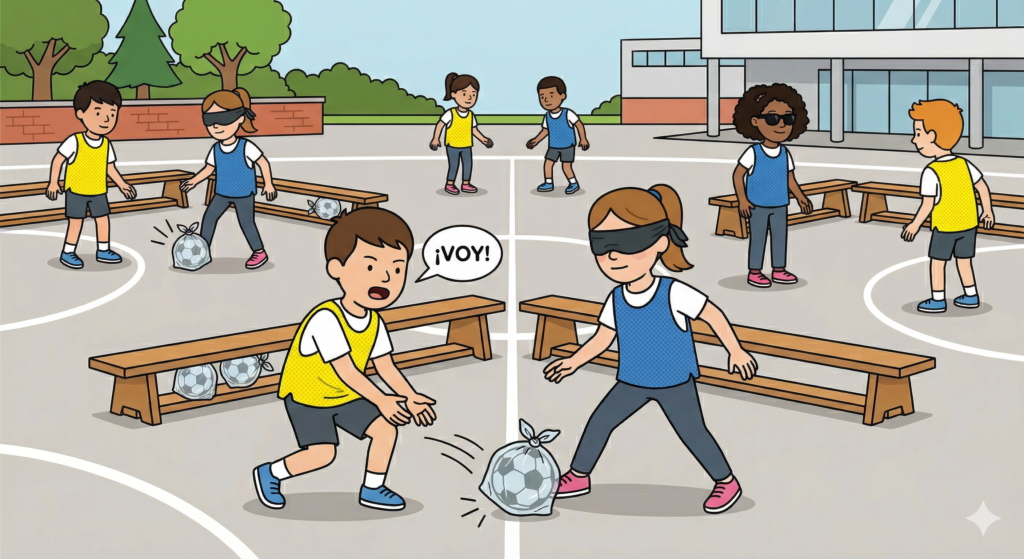 Il·lustració d'estil línia clara d'un pati d'escola. En primer pla, un nen amb armilla groga diu «HI VAIG!» mentre empeny una pilota de futbol dins d'una bossa de plàstic cap a una nena amb els ulls tapats i armilla blava. Al voltant, altres infants juguen amb els ulls tapats i una nena amb ceguesa, amb bastó i ulleres de sol, és a la dreta; l'espai està delimitat per bancs de fusta.