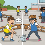 Il·lustració d'estil línia clara d'un pati d'escola. En primer pla, un nen amb armilla groga diu «HI VAIG!» mentre empeny una pilota de futbol dins d'una bossa de plàstic cap a una nena amb els ulls tapats i armilla blava. Al voltant, altres infants juguen amb els ulls tapats i una nena amb ceguesa, amb bastó i ulleres de sol, és a la dreta; l'espai està delimitat per bancs de fusta.