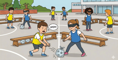 Il·lustració d'estil línia clara d'un pati d'escola. En primer pla, un nen amb armilla groga diu «HI VAIG!» mentre empeny una pilota de futbol dins d'una bossa de plàstic cap a una nena amb els ulls tapats i armilla blava. Al voltant, altres infants juguen amb els ulls tapats i una nena amb ceguesa, amb bastó i ulleres de sol, és a la dreta; l'espai està delimitat per bancs de fusta.