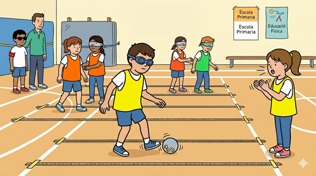 L'alumnat de primària juga al «Toc i Toc» a la classe d'Educació Física inclusiva amb una pilota sonora i antifaços.