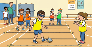 L'alumnat de primària juga al «Toc i Toc» a la classe d'Educació Física inclusiva amb una pilota sonora i antifaços.