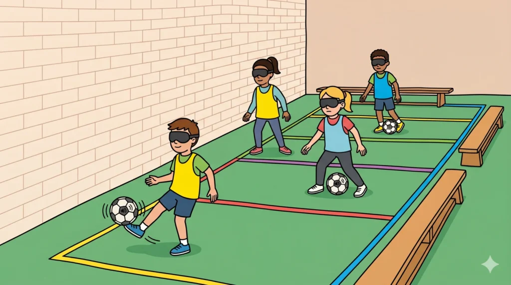 Alumnes de primària amb antifaç practiquen futbol per a cecs al gimnàs d'una escola mitjançant pilotes sonores.