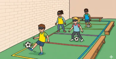 Alumnes de primària amb antifaç practiquen futbol per a cecs al gimnàs d'una escola mitjançant pilotes sonores.