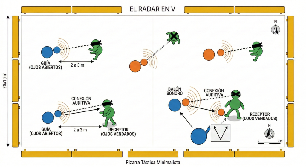 Diagrama del joc «El Radar en V» en una pista de 20x10 metres. Un guia llança una pilota sonora cap a un receptor amb ceguesa o amb els ulls tapats. La pilota fa un bot en forma de V per treballar la connexió auditiva a una distància de 2 a 3 metres.