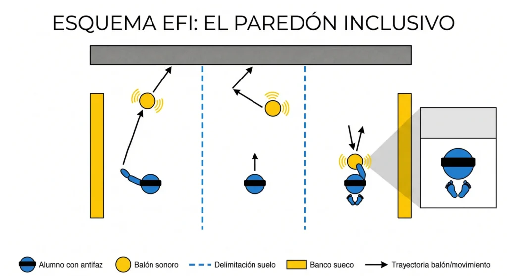 Esquema tàctic educatiu en vista zenital que mostra com es desenvolupa el joc motor inclusiu d'«El Mur» per a l'alumnat amb discapacitat visual. Aquest diagrama, d'estètica minimalista en blanc, blau i groc, il·lustra tres passadissos individuals on els alumnes, equipats amb un antifaç, interactuen amb pilotes sonores contra una paret. A més, inclou un requadre detallat sobre la tècnica de recepció en «V».